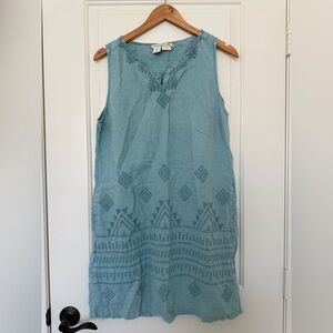 C&C California Linen Aztec Boho Shift Mini Dress Teal Blue Embroidered Pockets L